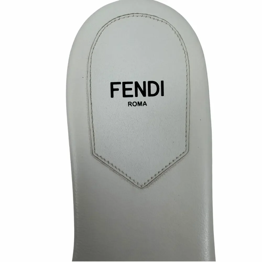 Fendi Rafia Weave Logo Leather Slide Sandal White Black Size 38.5